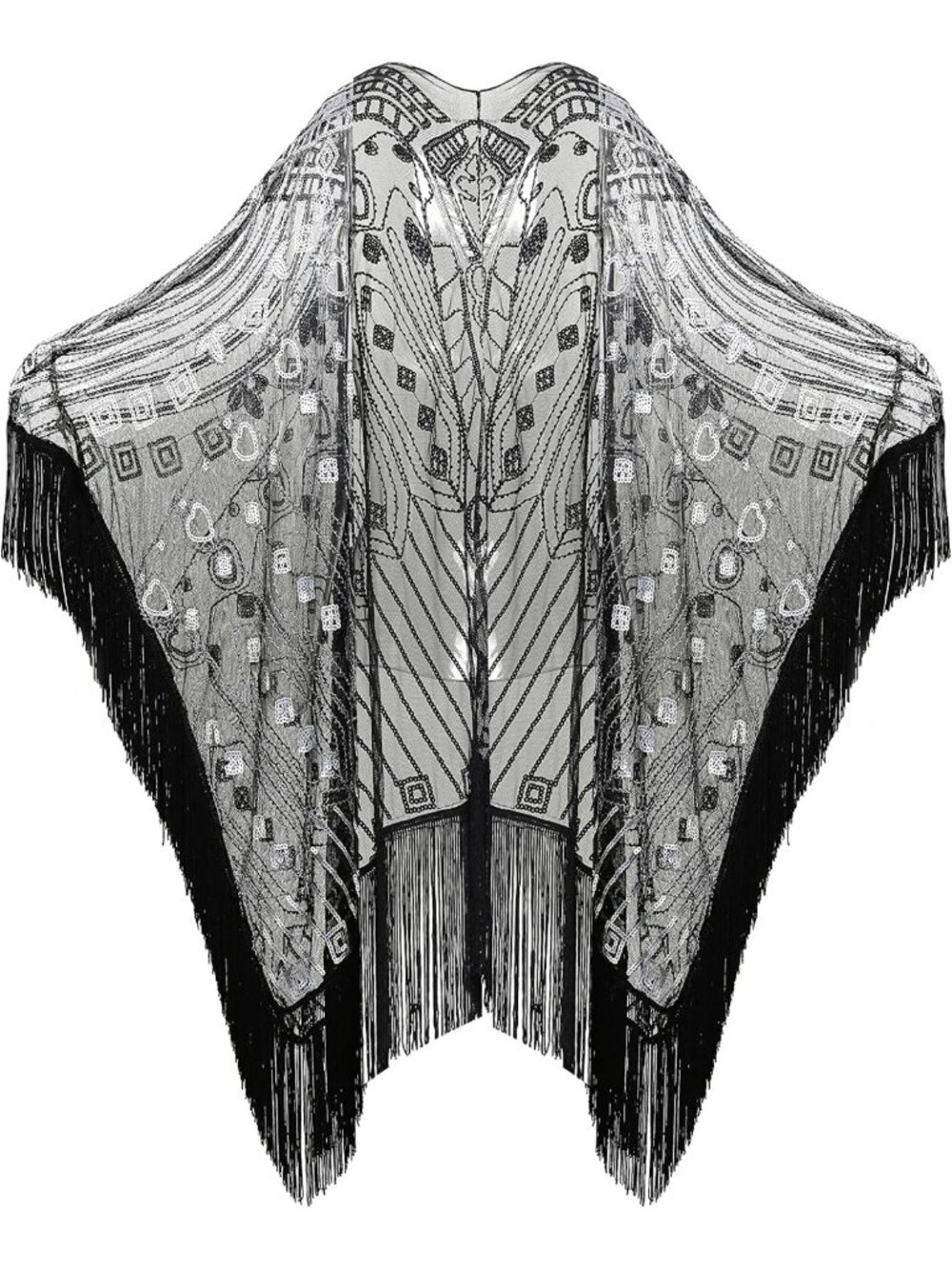 BABEYOND 1920s Black Silver Sequin Beaded Fringe Shawl Wrap Evening Cape